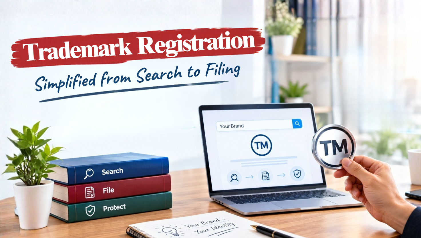 Online trademark registration process guide covering brand search, filing, and protection.