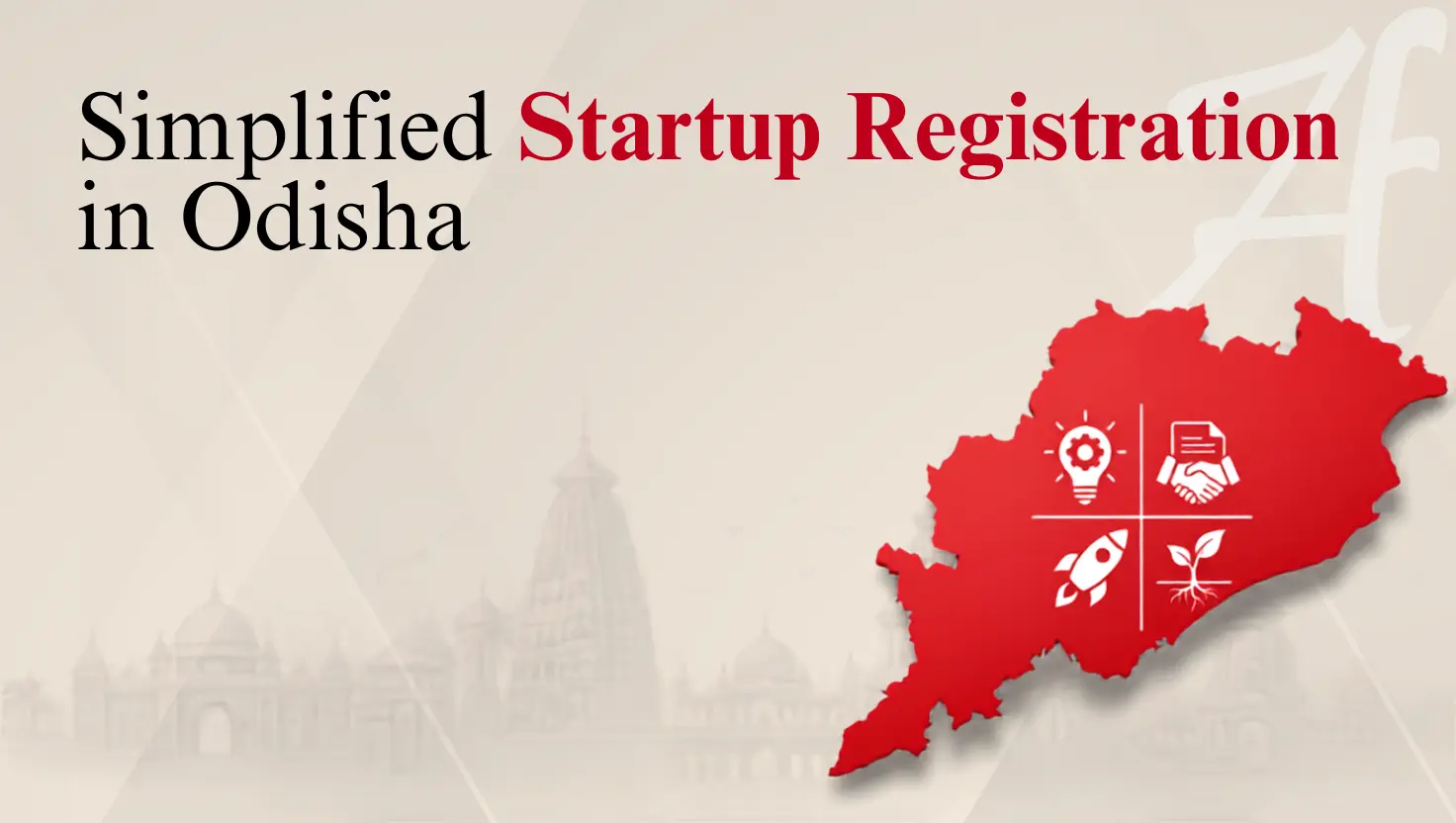 Banner graphic titled "Simplified Startup Registration in Odisha" on a beige background with temple silhouettes. Features a red Odisha map containing business icons for innovation, partnership, growth, and scaling.