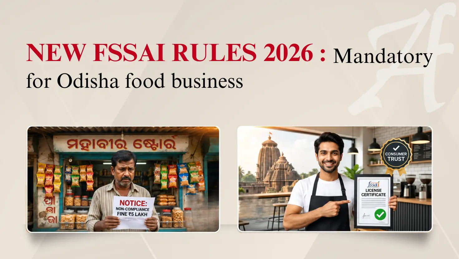 Banner titled "NEW FSSAI RULES 2026 : Mandatory for Odisha food business." Side-by-side images contrast a concerned shopkeeper with a non-compliance fine notice against a smiling food owner holding a certified FSSAI license certificate.