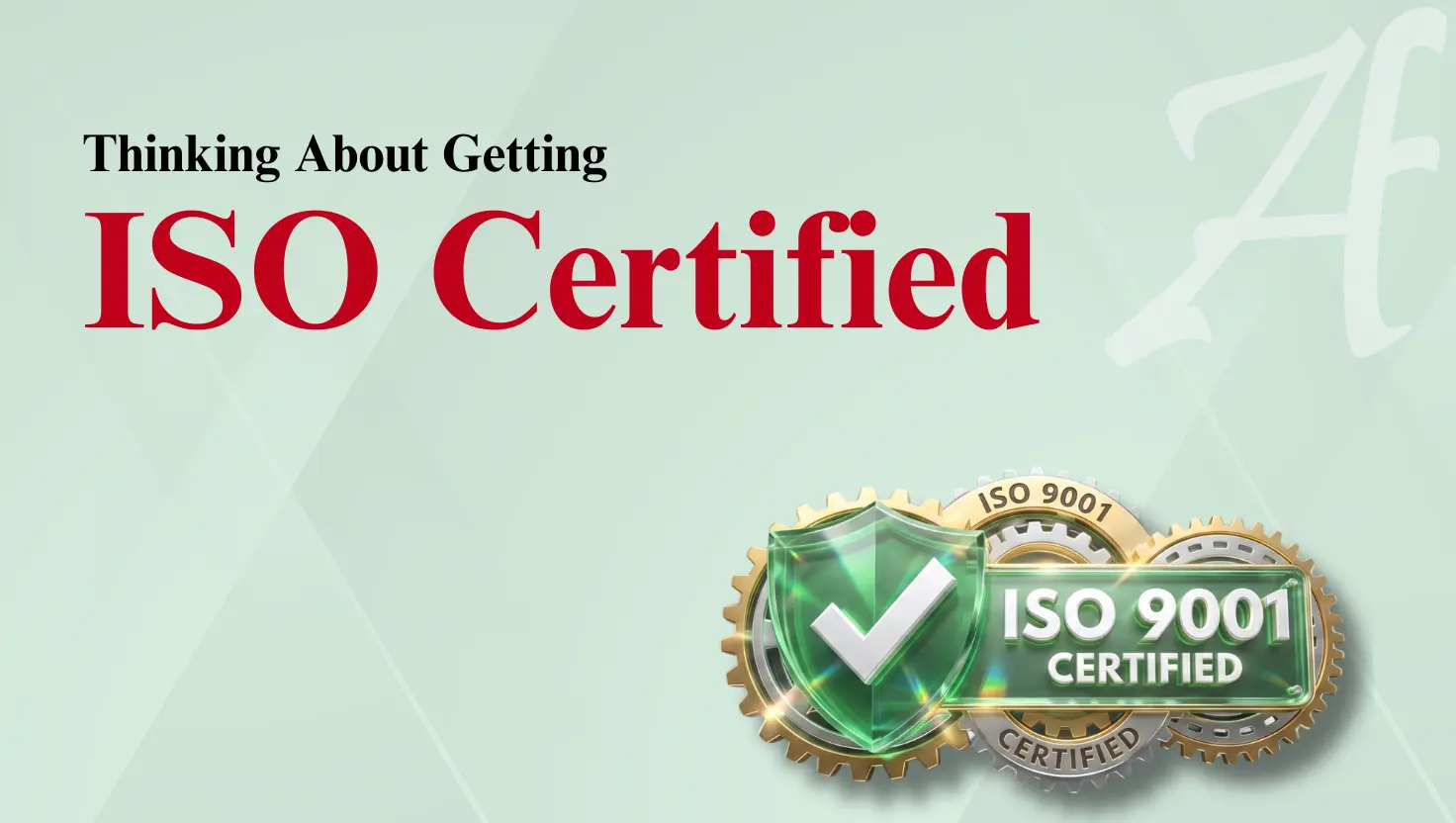 Graphic banner with text reading "Thinking About Getting ISO Certified." The bottom right corner features a shiny green checkmark shield alongside metallic golden gears labeled "ISO 9001 CERTIFIED."